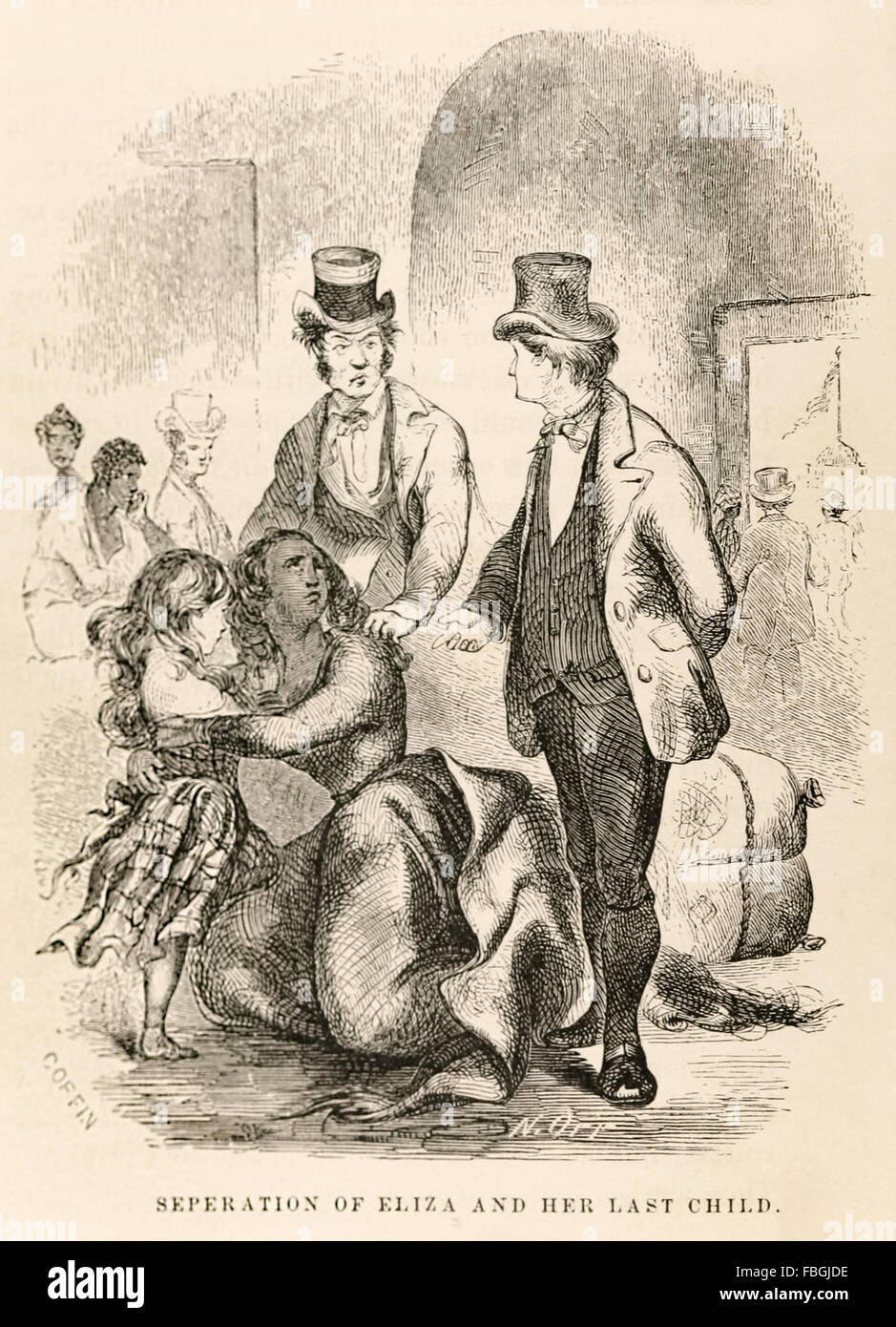 "Eperation de Eliza y su último hijo' Desde 'doce años un esclavo o Solomon Northup, un ciudadano de Nueva York" publicado en 1853. El libro narra la experiencia del autor como un afroamericano nacido libre de Nueva York ser secuestrados y vendidos como esclavos y obligados a trabajar 12 años en una plantación de algodón en Louisiana. Se las arregló para conseguir palabra a la familia a través de un canadiense, quedándose en la plantación y recobró su libertad. Pasó a participó activamente en el movimiento abolicionista. Consulte la descripción para obtener más información. Foto de stock