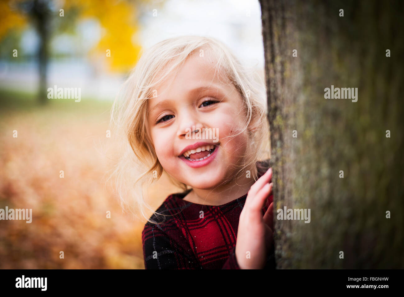 Cute chubby frente chica rubia mirando alrededor de un árbol en otoño con una pícara sonrisa Foto de stock