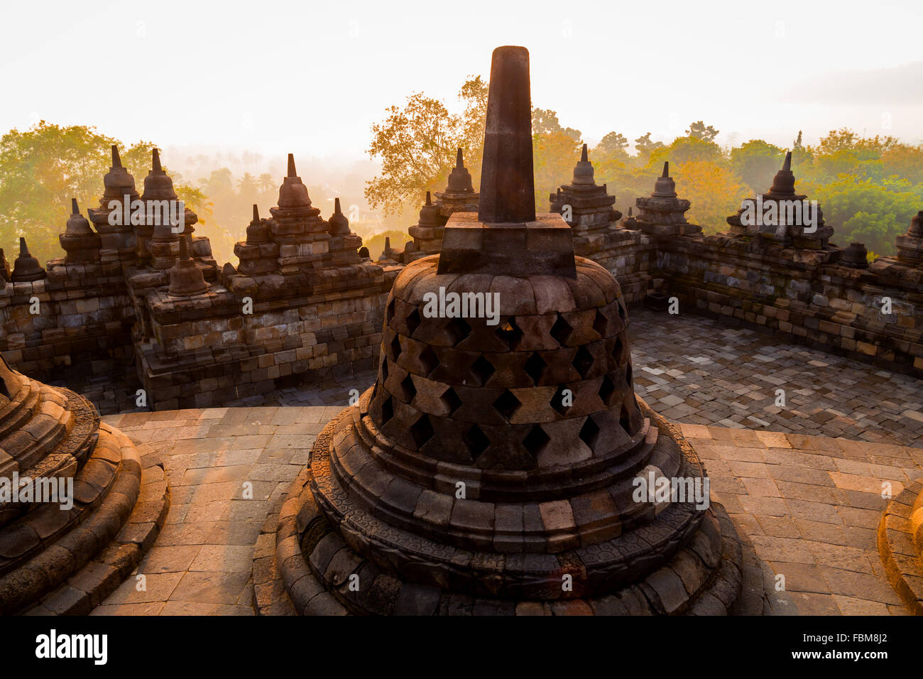 Las hermosas estupas del complejo del templo Borobudur, Yogyakarta, Indonesia. Borobudur es el templo budista más grande del mundo. Foto de stock
