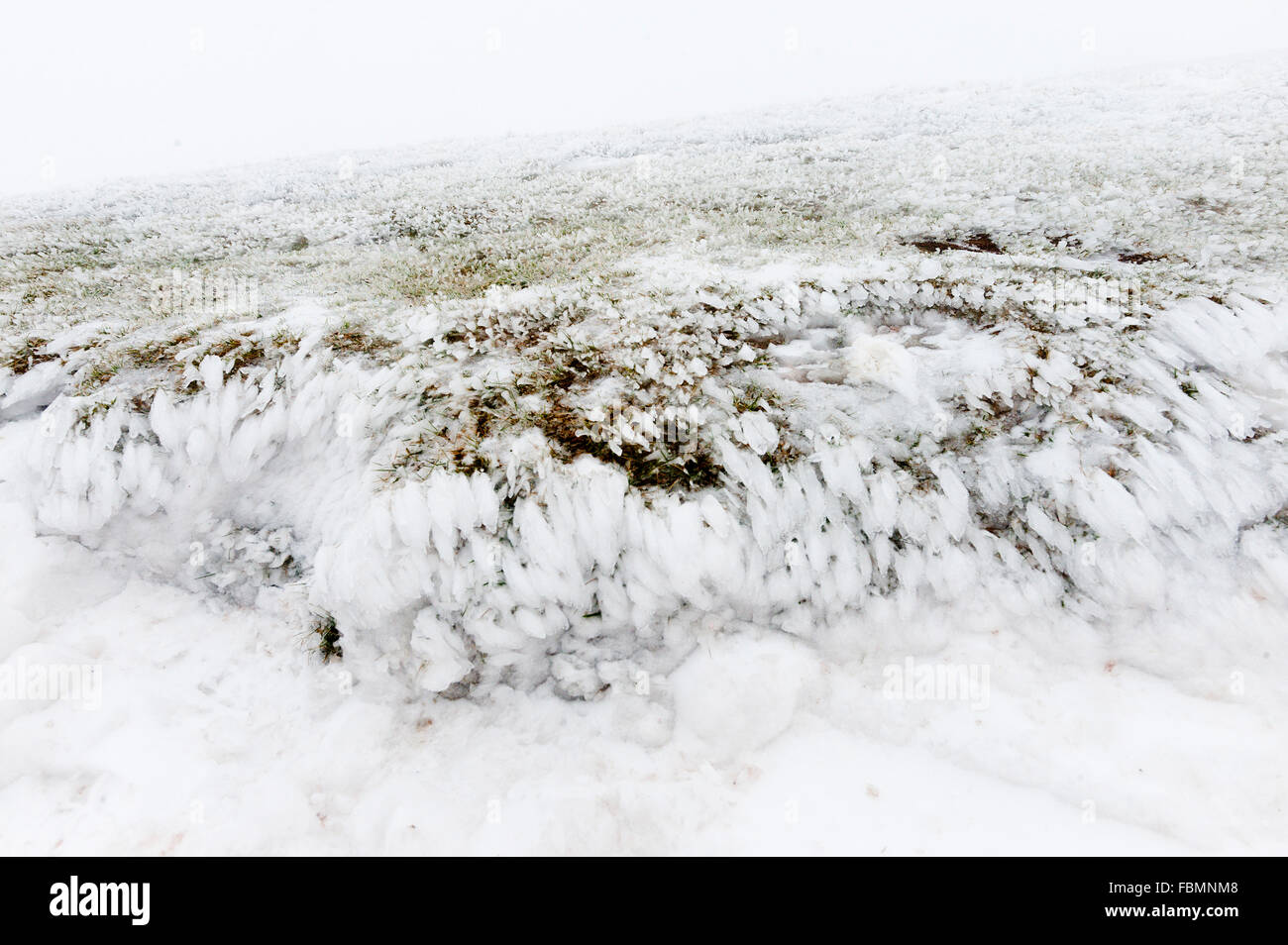 Brecon Beacons, Powys, Gales, Reino Unido. 18 de enero de 2016. Carámbanos y patrones escarcha forma cerca de la cumbre de Pen-Y-Fan en el extremo frío y viento frío. El clima es muy frío en las cumbres de Brecon Beacons con 40 mph viento sureste dando un "siente" de la temperatura de aproximadamente -5 grados Celsius. Después de un fin de semana de abundante nieve en el Parque Nacional de Brecon Beacons en Gales del Sur, las temperaturas más cálidas y la lluvia en las laderas más bajas se ha derretido la mayoría de la nieve. Crédito: Graham M. Lorenzo/Alamy Live News. Foto de stock