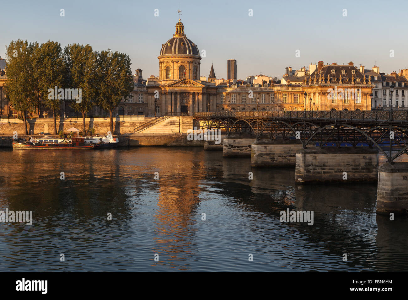 El Instituto Francés, el Ponts des Arts y el Río Sena al amanecer, París, Ile de France, Francia. Foto de stock