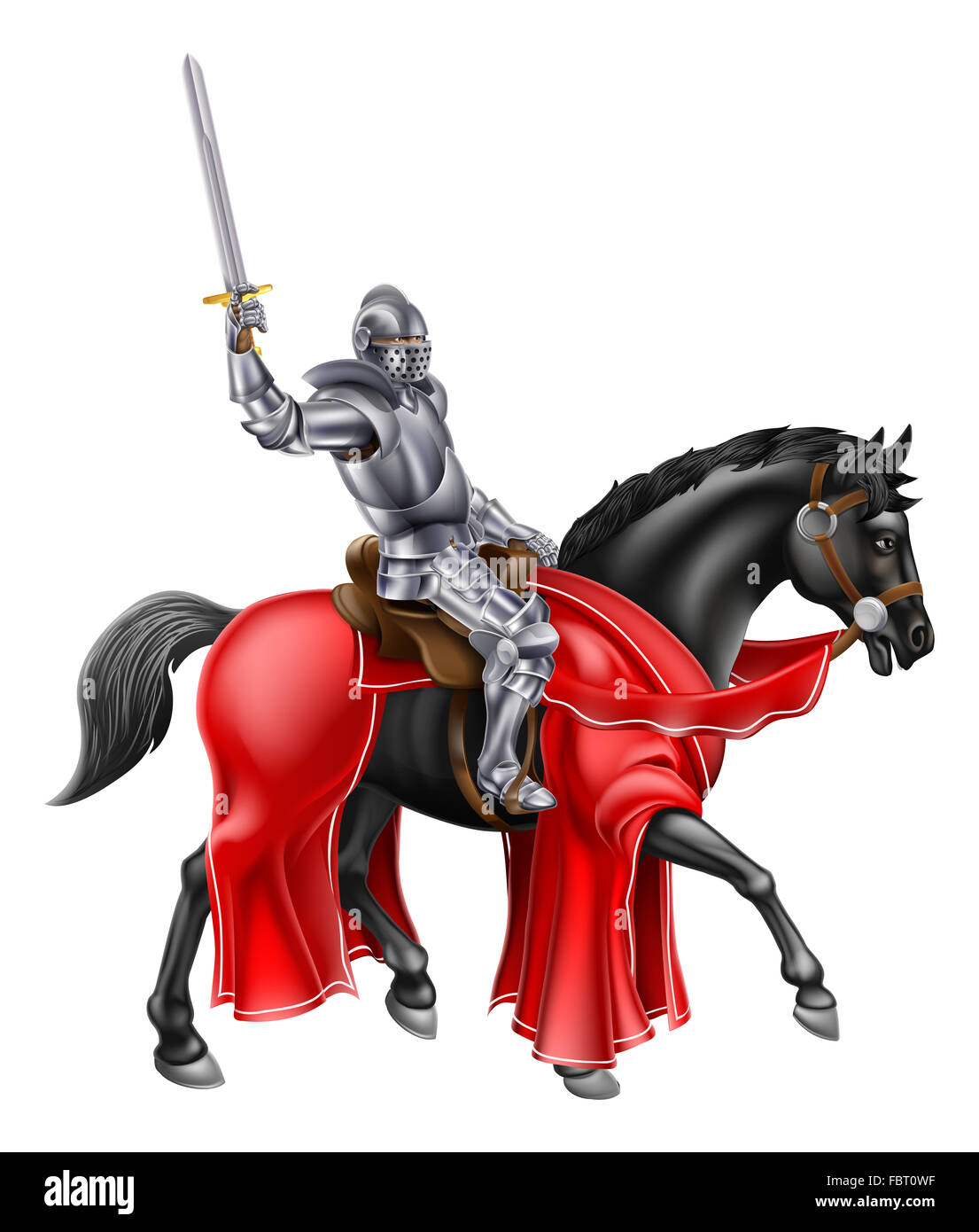 Caballero montado en un caballo negro sosteniendo su espada Foto de stock