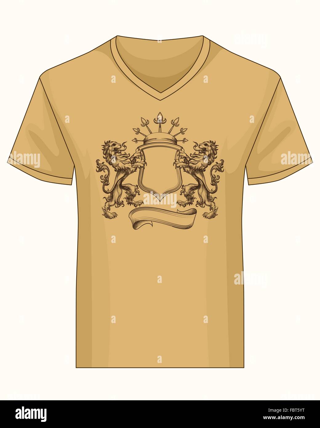 Camiseta con cuello en V con la plantilla de impresión. Escudo de fama con corona y leones dibujado en estilo de grabado. Ilustración del Vector