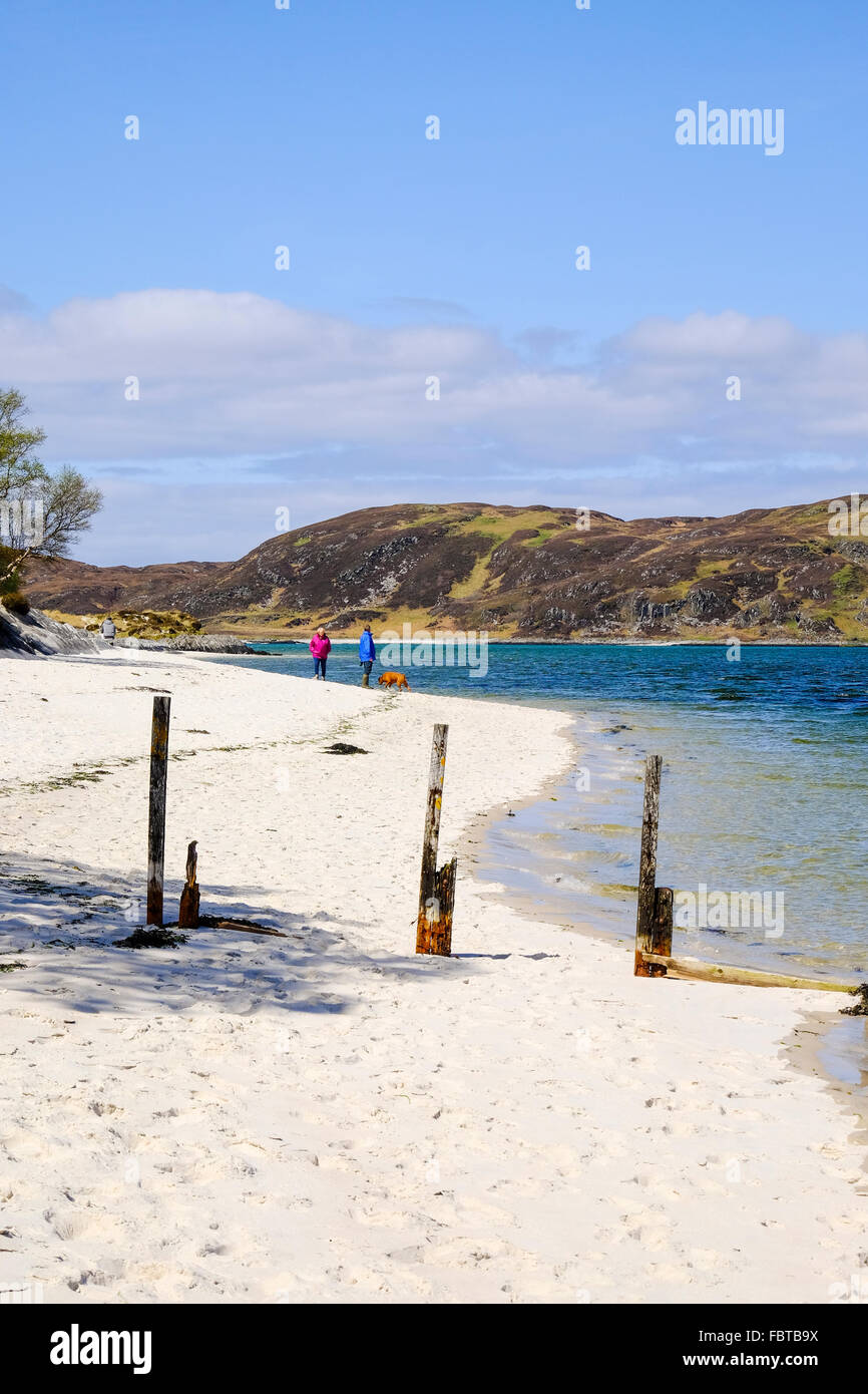 Par de paseo a su perro en una hermosa playa de Escocia Foto de stock