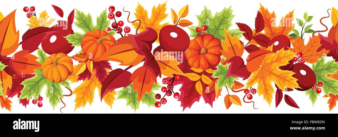 Horizontal de fondo sin fisuras con calabazas y coloridas hojas de otoño. Ilustración vectorial. Ilustración del Vector