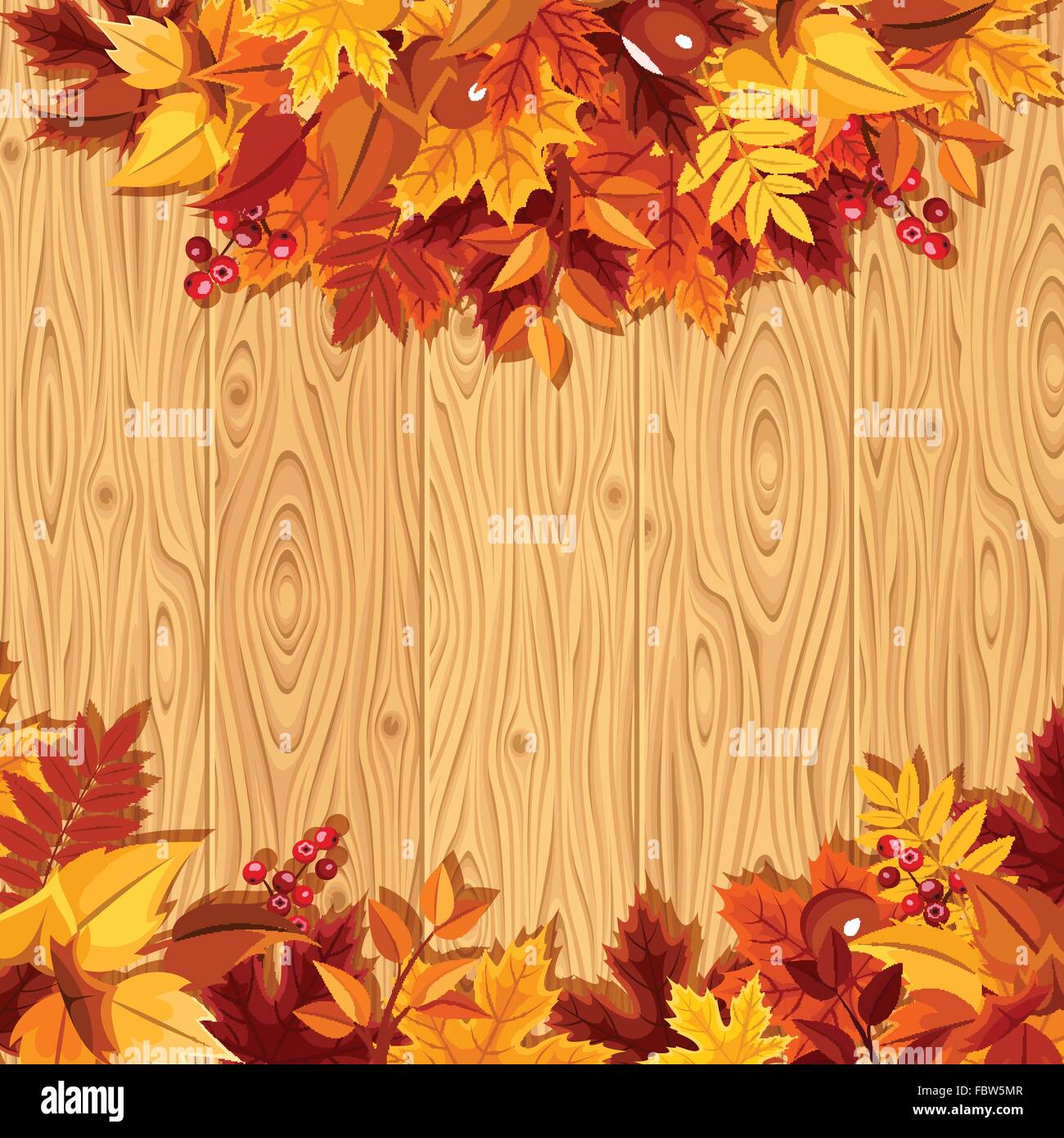 Hojas de otoño colorido sobre un fondo de madera. Ilustración vectorial. Ilustración del Vector
