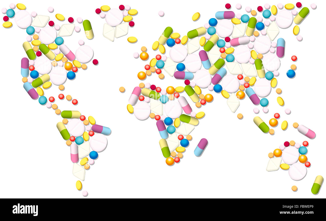 Mapa farmacéutico del mundo, como un símbolo para el comercio global con medicamentos. Ilustración sobre fondo blanco. Foto de stock
