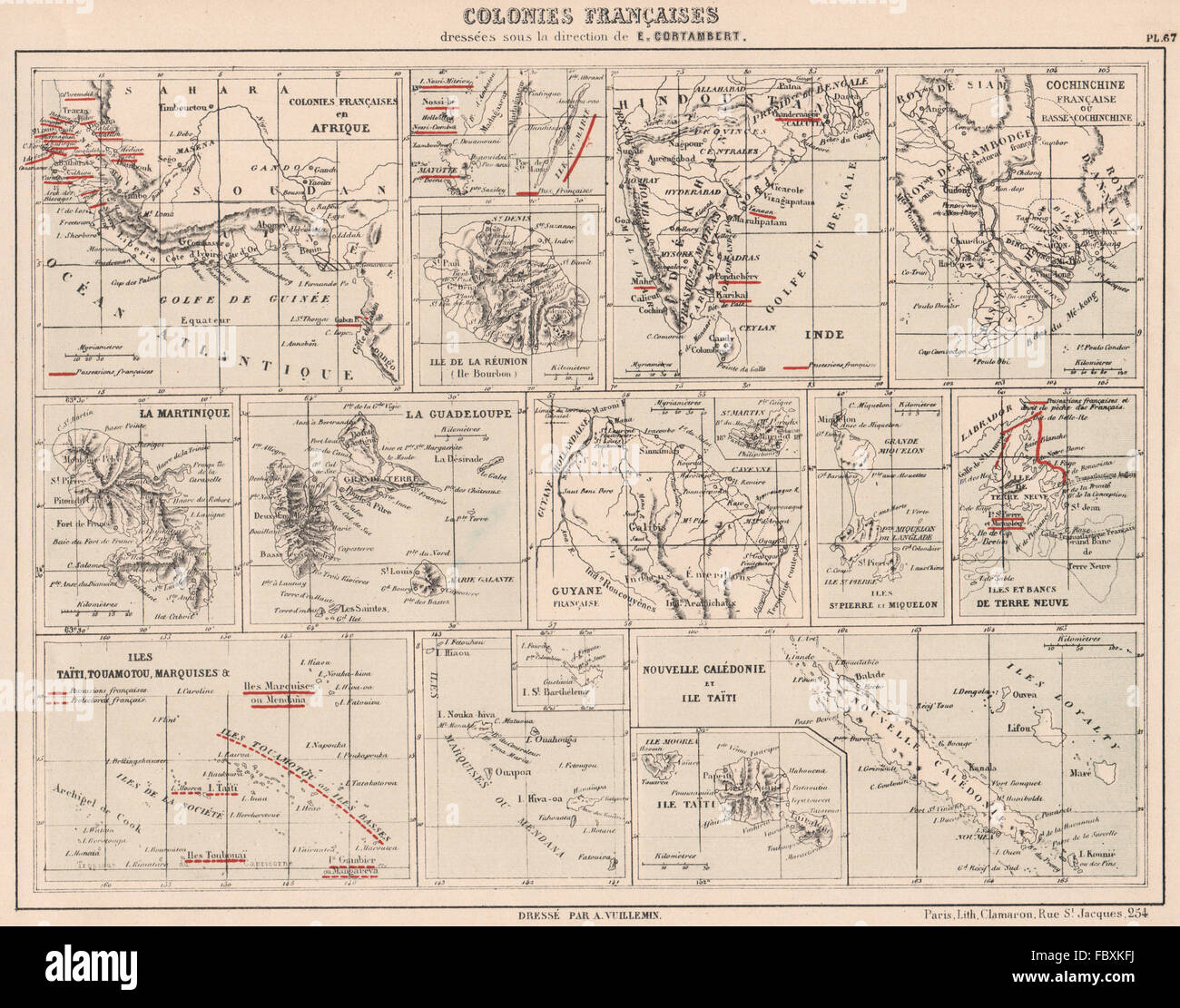 Las colonias francesas Afrique Inde Cochinchina Antillas Polynesie Reunion 1880 mapa Foto de stock