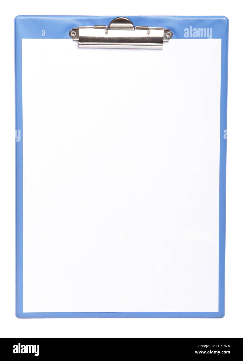 Portapapeles azul con papel en blanco aislado en blanco Foto de stock