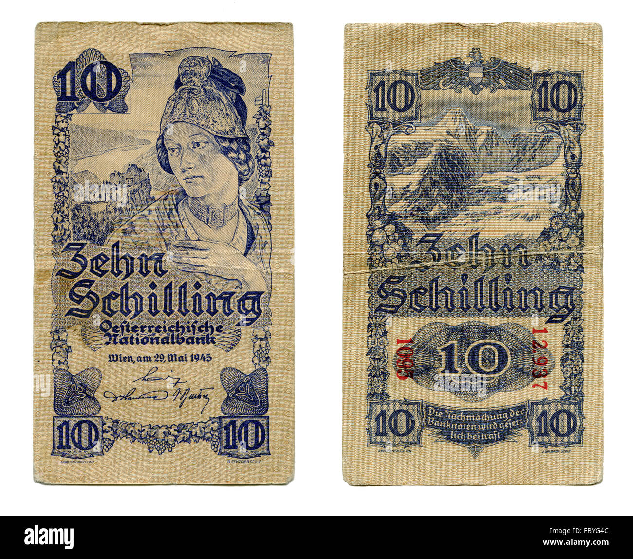 Billete de diez chelines austriacos desde 1945 Foto de stock