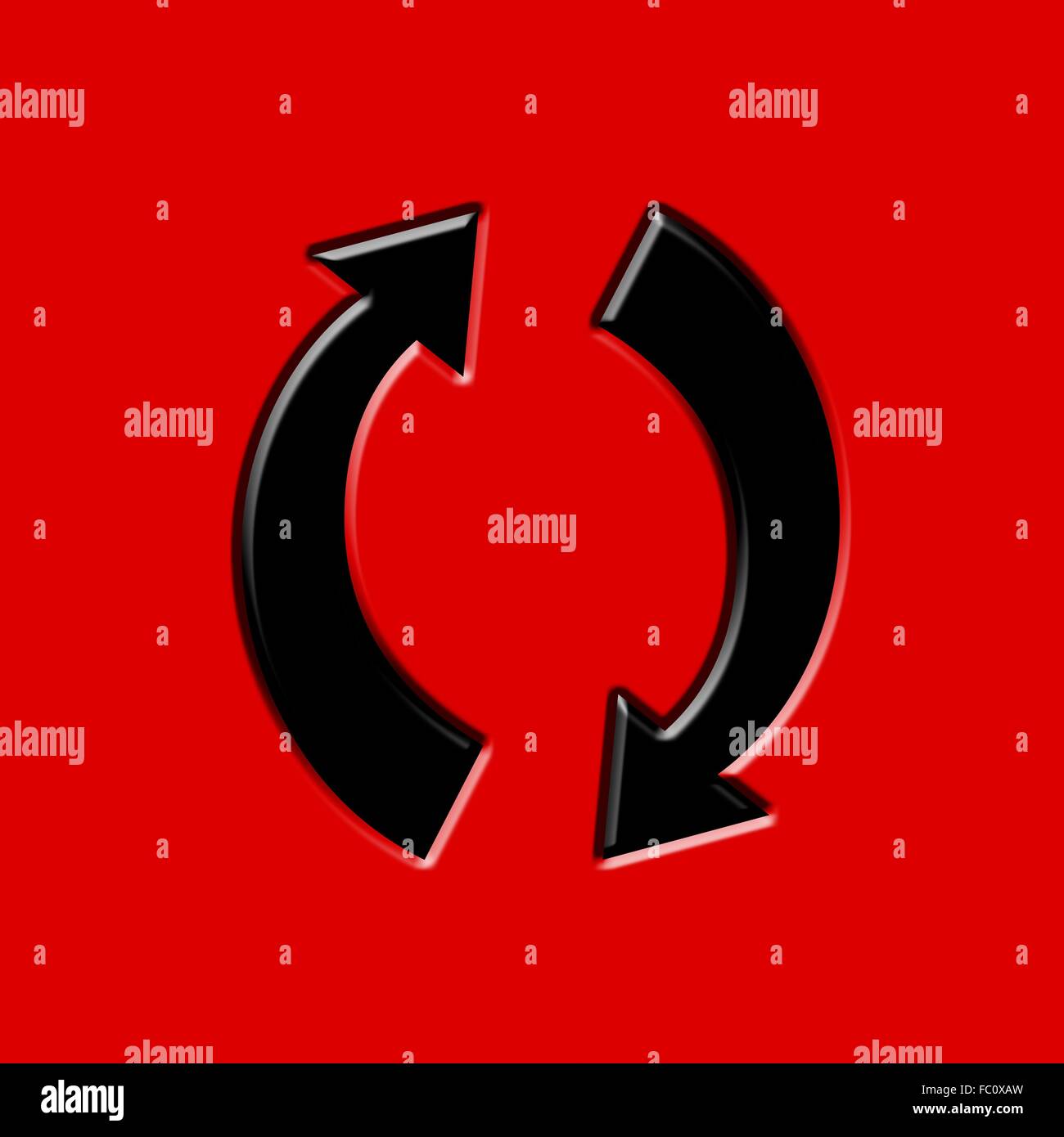 Flechas circulares de color negro sobre fondo rojo. Foto de stock