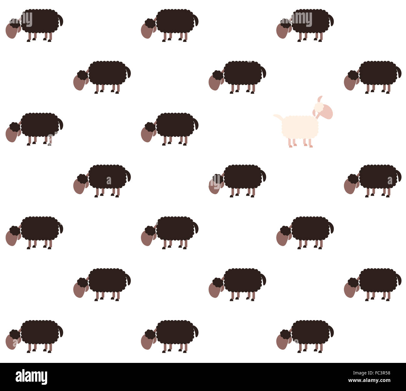 Ovejas Negras con un rebaño de ovejas blancas mirando hacia arriba - contrariamente a la metáfora habitual. Antecedentes perfecta puede ser creado. Foto de stock