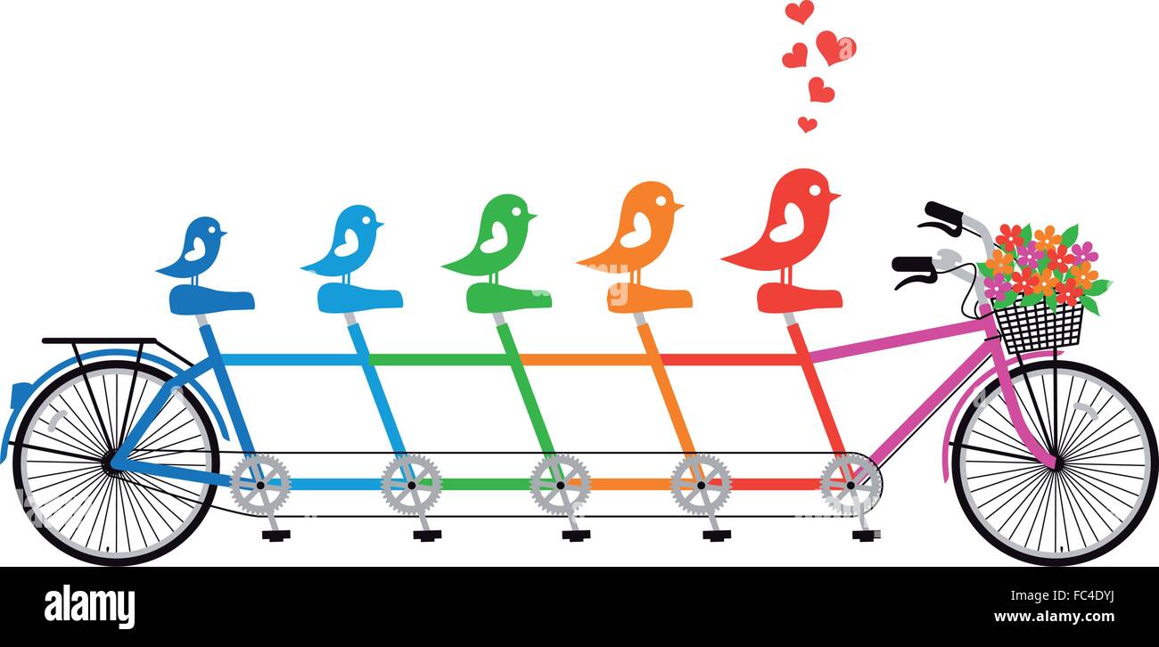 Bicicleta tándem con familia de aves, corazones y canasta de flores, vector  Imagen Vector de stock - Alamy