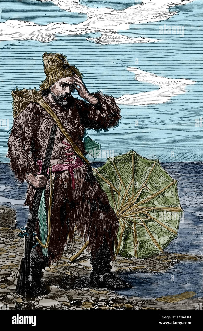 Robinson Crusoe. La novela de Daniel Defoe, publicada en 1719. Grabado. Color. Robinson Crusoe en la playa. Huella. Foto de stock