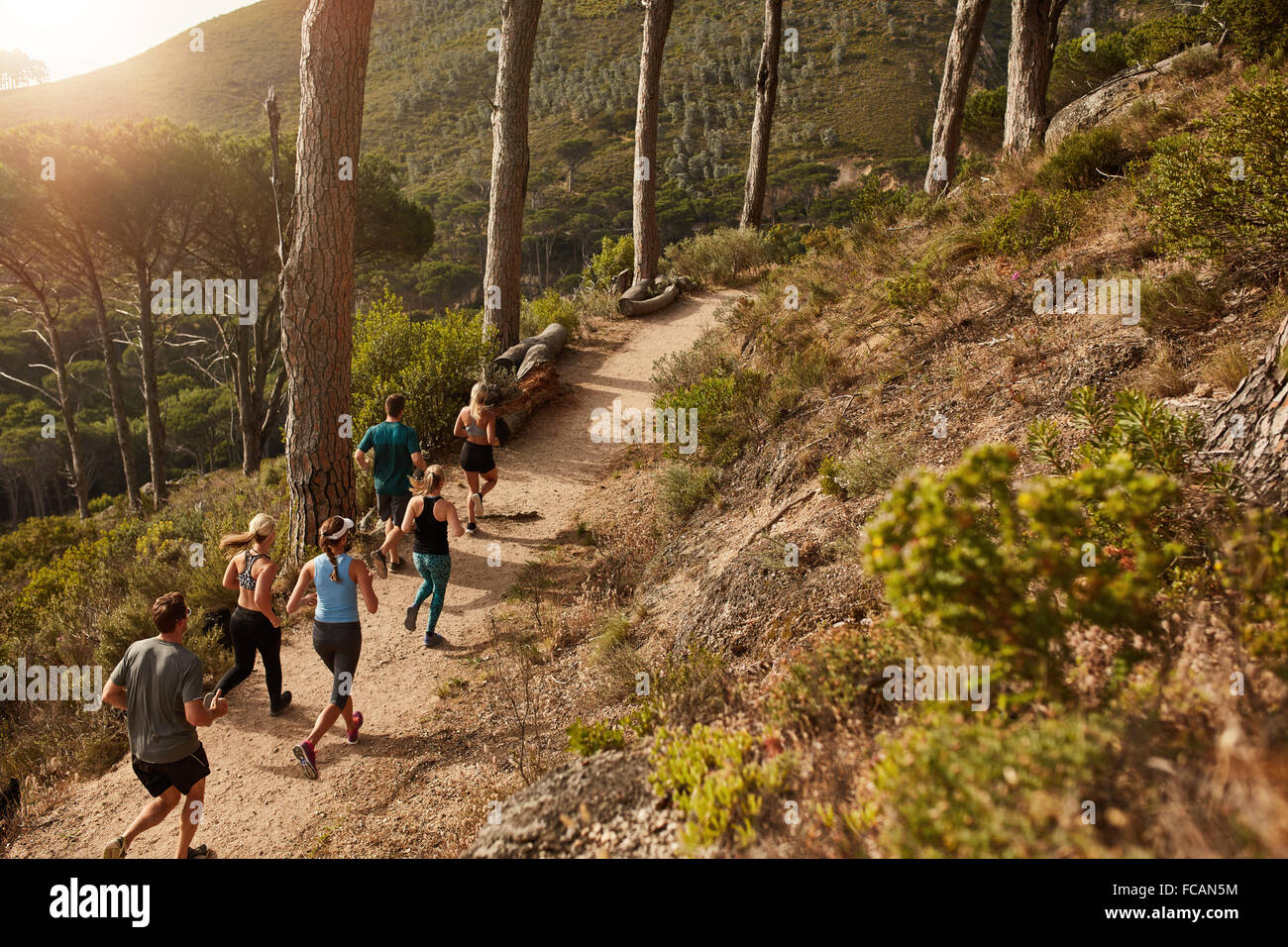 Grupo de jóvenes trail running en un sendero de montaña. Los corredores trabajando en la hermosa naturaleza. Foto de stock