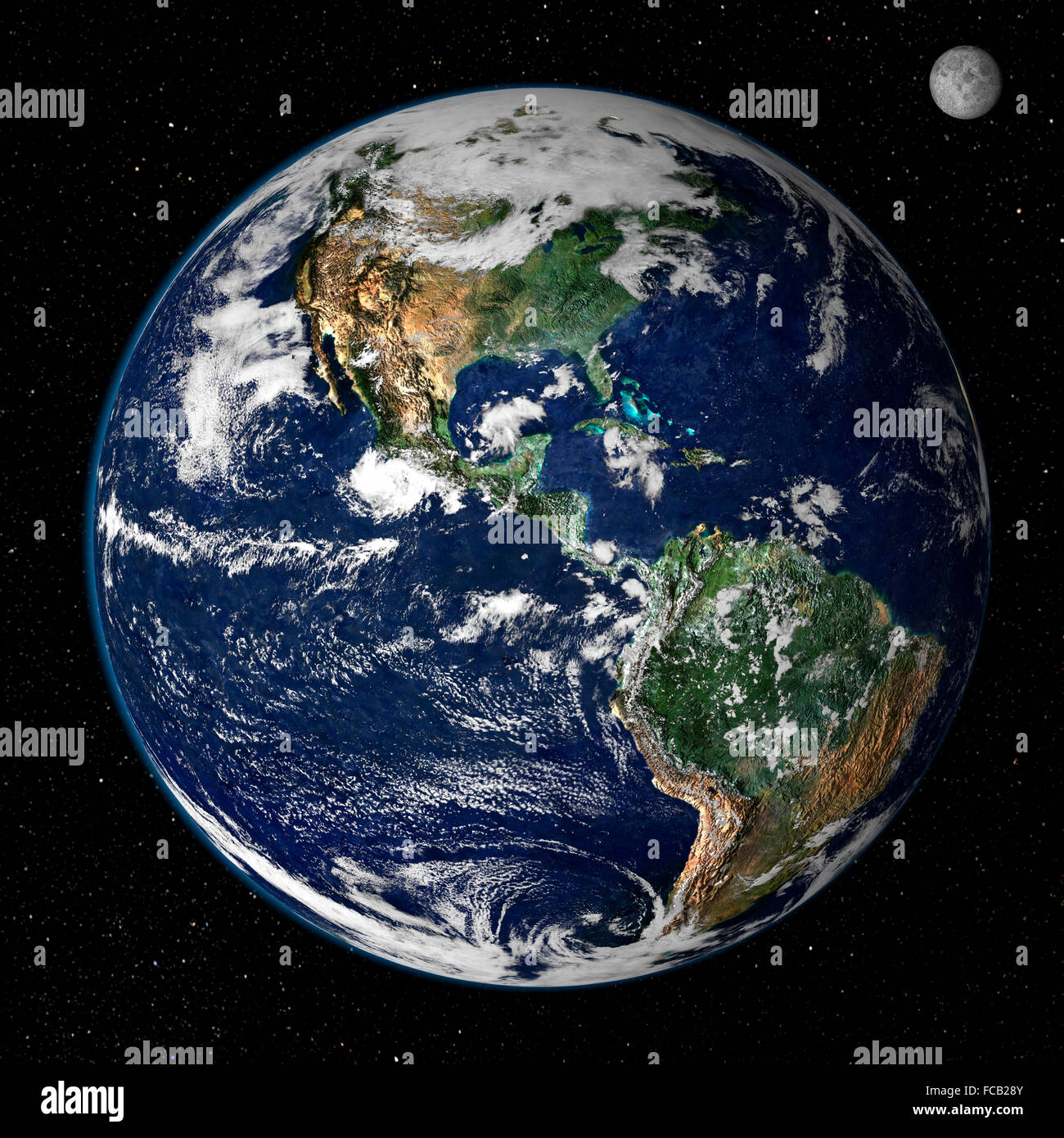 La tierra desde el espacio. Esta imagen muestra de color verdadero en  América del Norte y del Sur, tal como aparecerían desde el espacio de  35.000 km (22.000 millas) por encima de