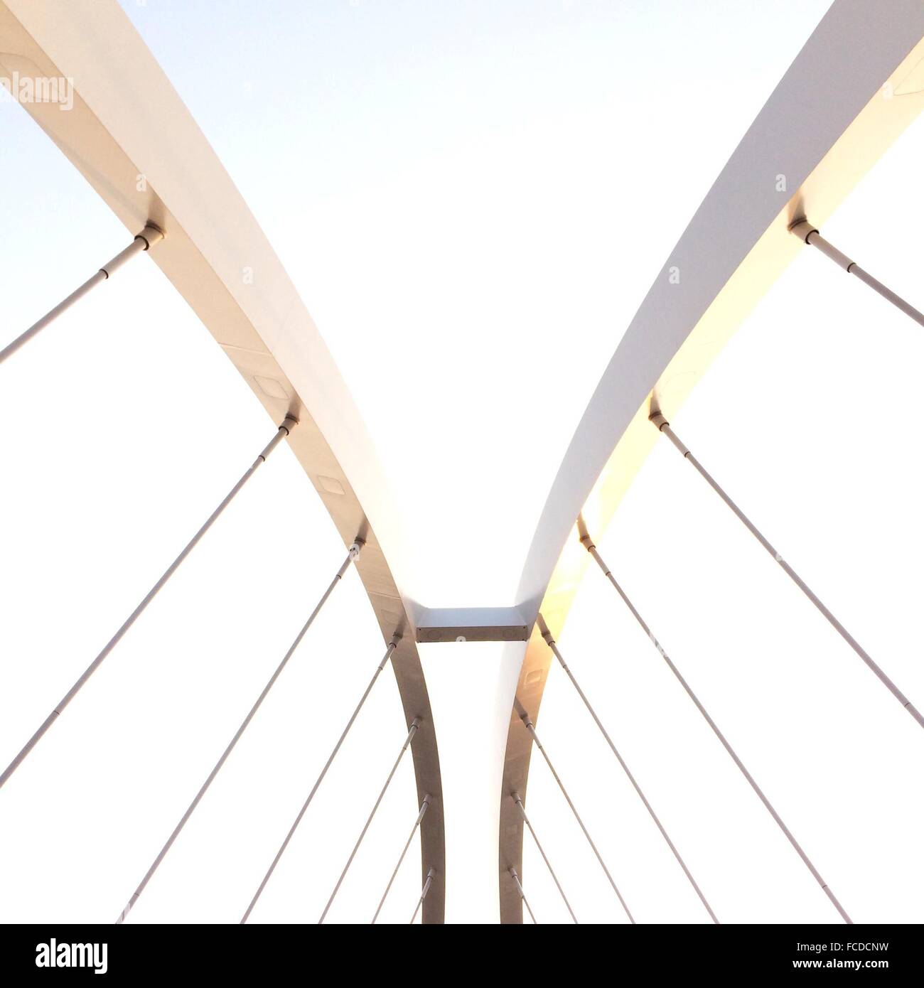 Ángulo de visión baja de cables de puente contra el cielo claro Foto de stock