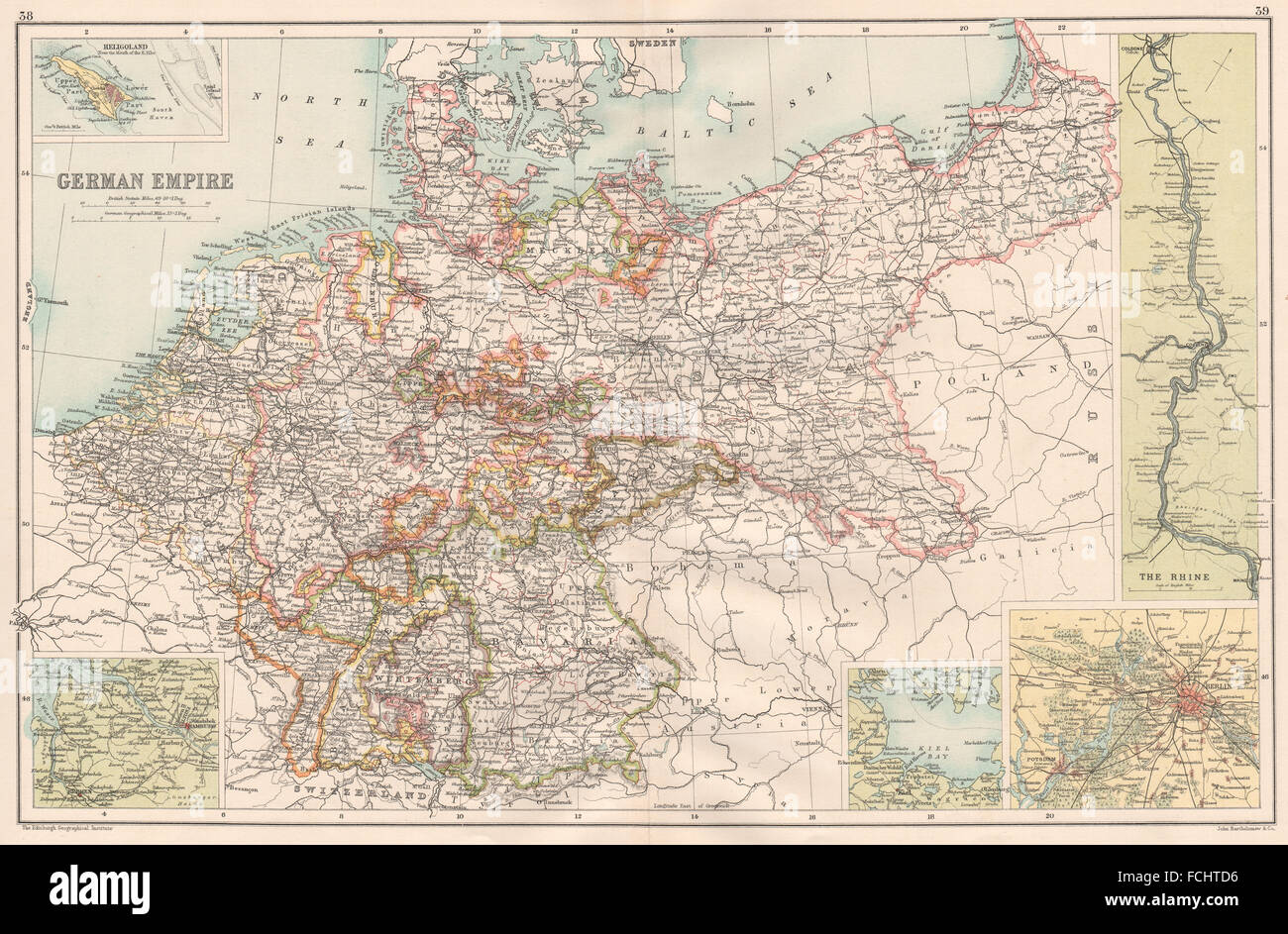 Imperio Alemán: Inset Kiel Bay El Rin Berlín, Hamburgo, 1891 Heligoland mapa Foto de stock