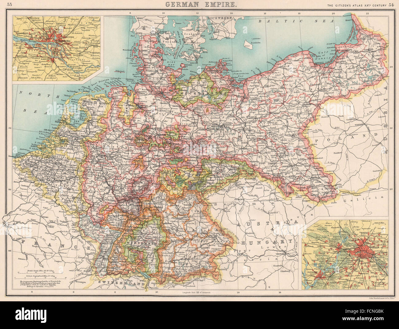 Imperio alemán: los estados. Alemania. En Prusia. Hamburgo, Berlín. Bartolomé, 1901 mapa Foto de stock