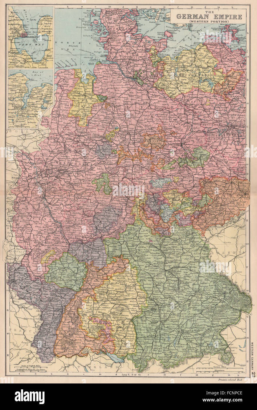 Alemania:Imperio Alemán(Oeste);inset Wilhelmshaven Kiel.Ferrocarriles.Bacon, 1893 mapa Foto de stock