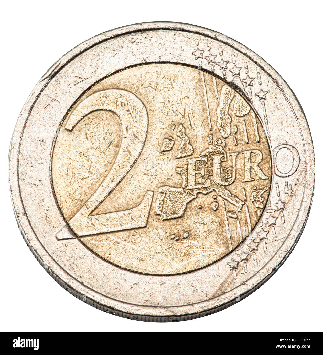 Dos antiguas monedas de euro aislado sobre un fondo blanco. Archivo contiene trazados de recorte. Foto de stock