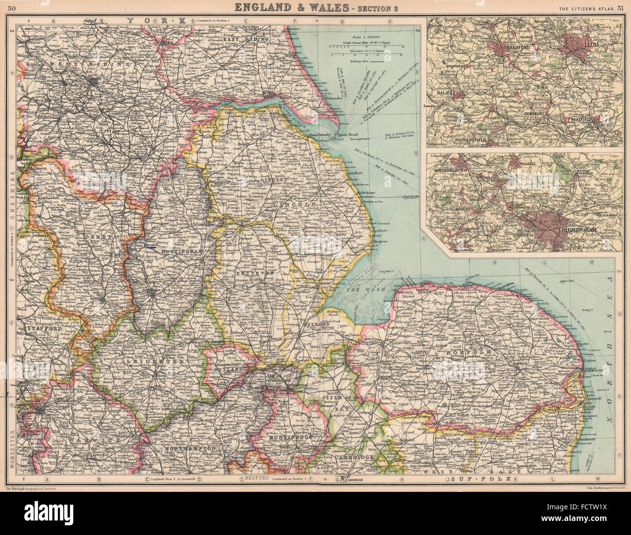 El este de Inglaterra: 'Isla de Ely' se muestra como un condado independiente. Kesteven &c, 1924 mapa Foto de stock