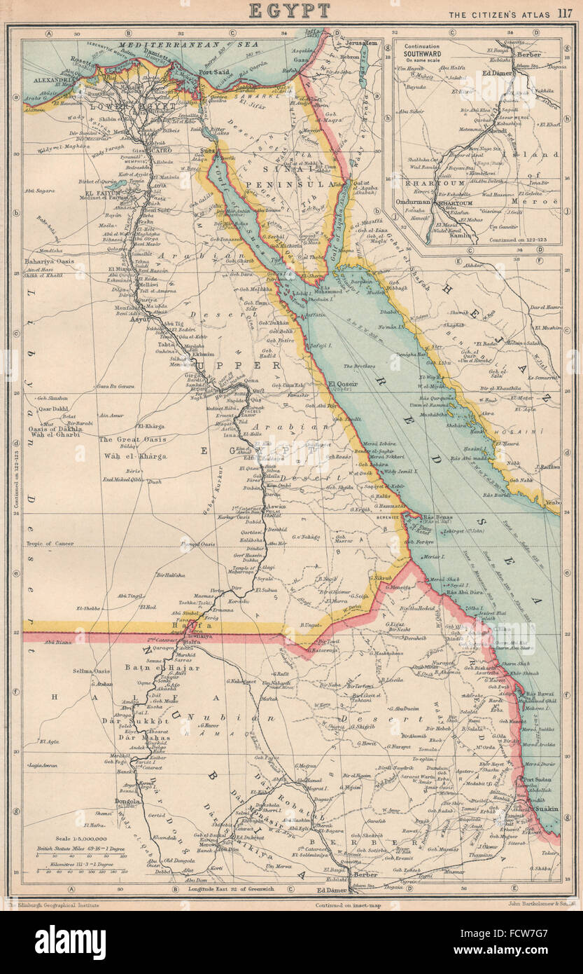 Egipto: + valle del Nilo. BARTHOLOMEW, 1924 vintage mapa Foto de stock