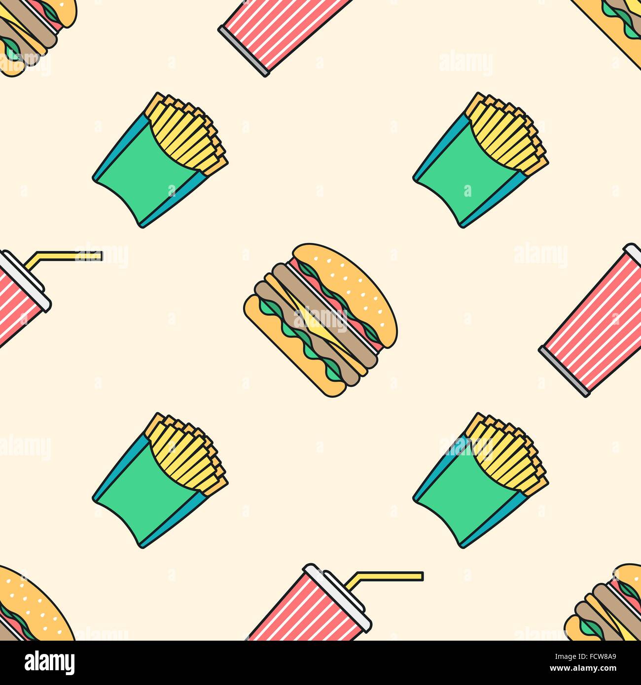 Contorno coloreado vector real hamburguesa doble cola taza de papel patatas fritas paja patrón sobre fondo beige Ilustración del Vector