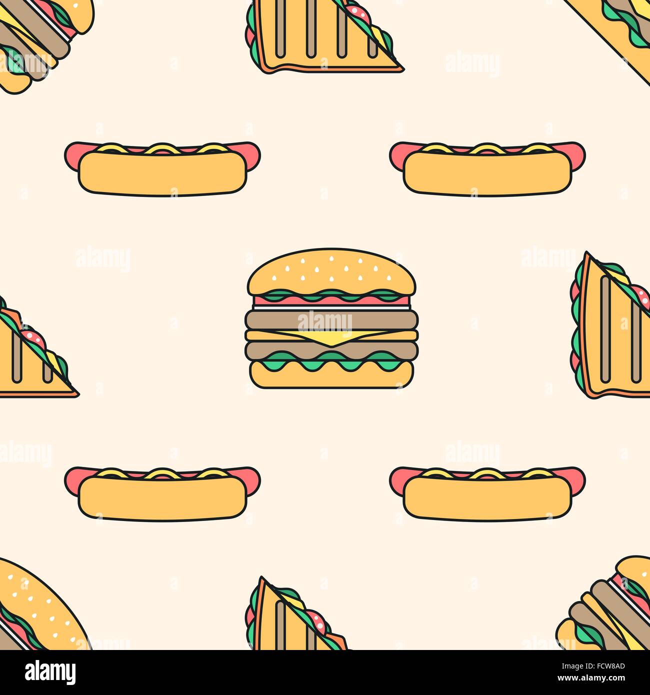 Esquema de color vectorial salchicha hot dog bun club sándwich cheeseburger patrón sobre fondo beige Ilustración del Vector