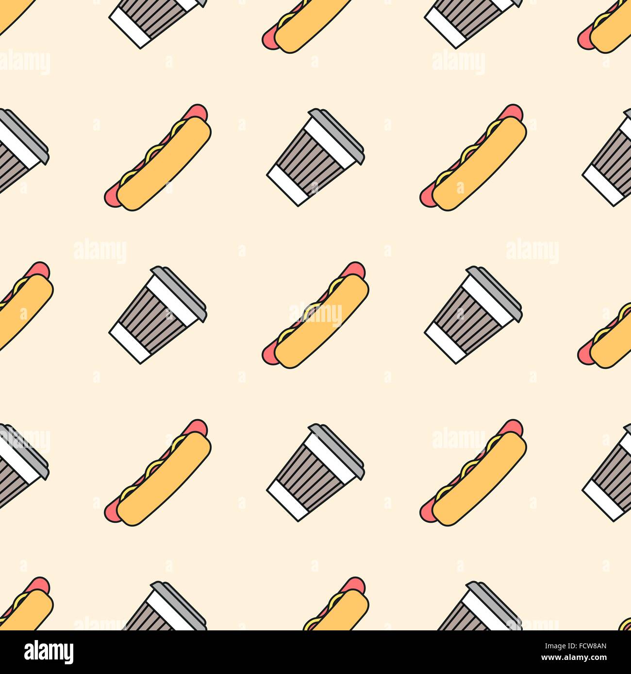 Esquema de color vectorial hot dog salchicha asada en rodajas mostaza bun perfecta taza para llevar bebidas calientes patrón sobre fondo beige Ilustración del Vector