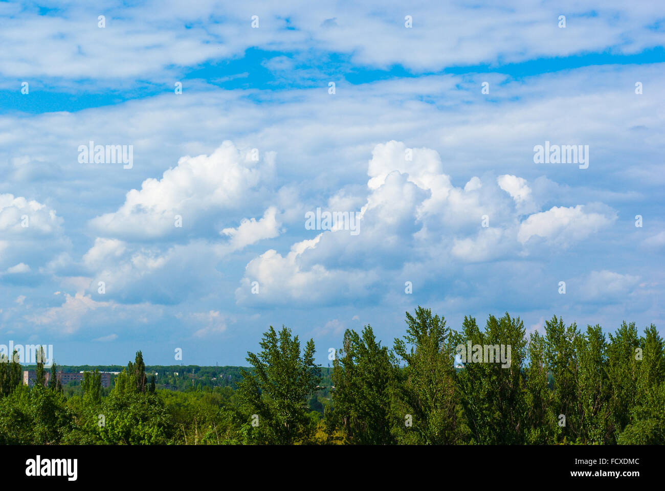 Paisaje de verano con hierba verde, pueblo, los campos y las bellas nubes, Donbass Foto de stock
