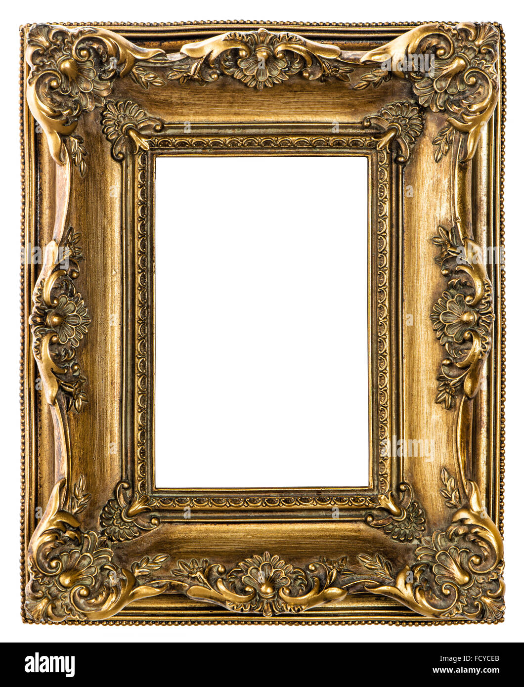 Marco de imagen barroca de oro sobre fondo blanco. Objeto de estilo vintage Foto de stock