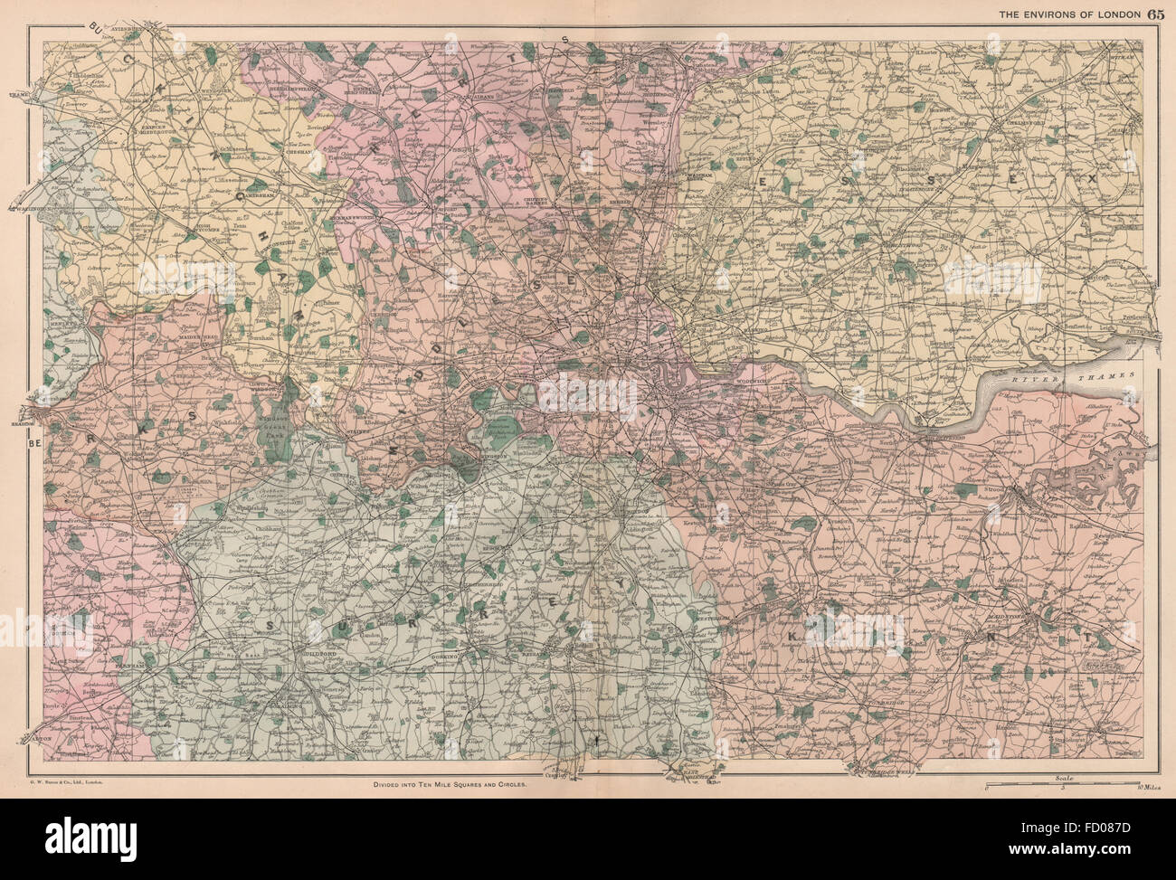 El Greater London: Alrededores de Londres. Casa de los condados. BACON, 1896 mapa antiguo Foto de stock