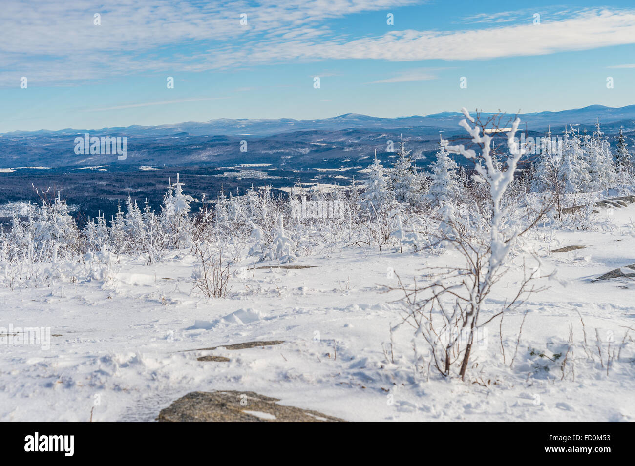 Precioso paisaje nevado en la región de Eastern Townships de Quebec, Canadá Foto de stock