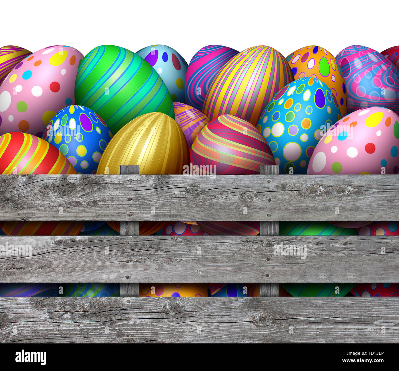 Búsqueda del huevo de pascua cosecha como un grupo de huevos decorados en una vieja caja de madera desgastada caja como un símbolo de primavera festiva para la caza de vacaciones regalos oval pintado colorido. Foto de stock
