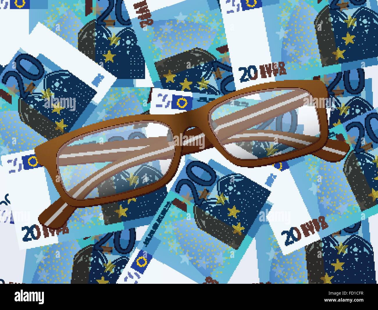 Gafas de lectura sobre veinte euros de fondo. Ilustración vectorial. Ilustración del Vector