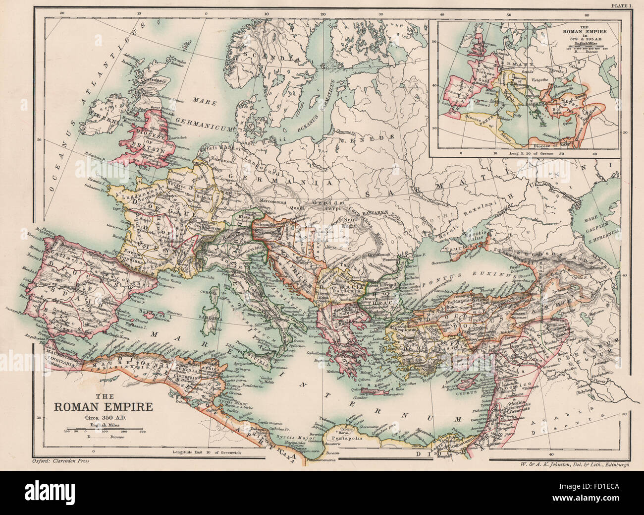 Imperio romano tardío 350 AD: Inset en 379 & 395 AD. Siglo IV, 1902 mapa antiguo Foto de stock