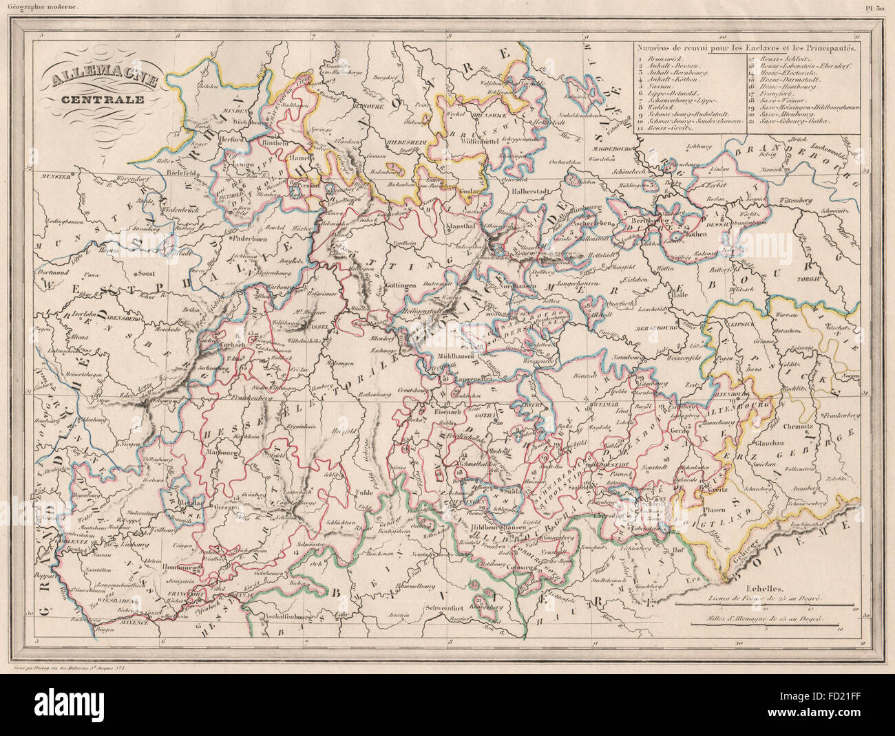 Alemania central.Allemagne centrale.Original color de contorno.MALTE-BRUN, c1846 mapa Foto de stock