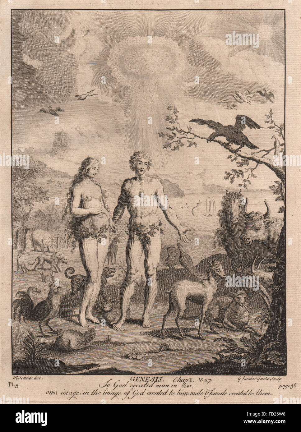 Biblia: Génesis 1:27. Así que Dios creó al hombre a su propia imagen, impresión de antigüedades 1752. Foto de stock