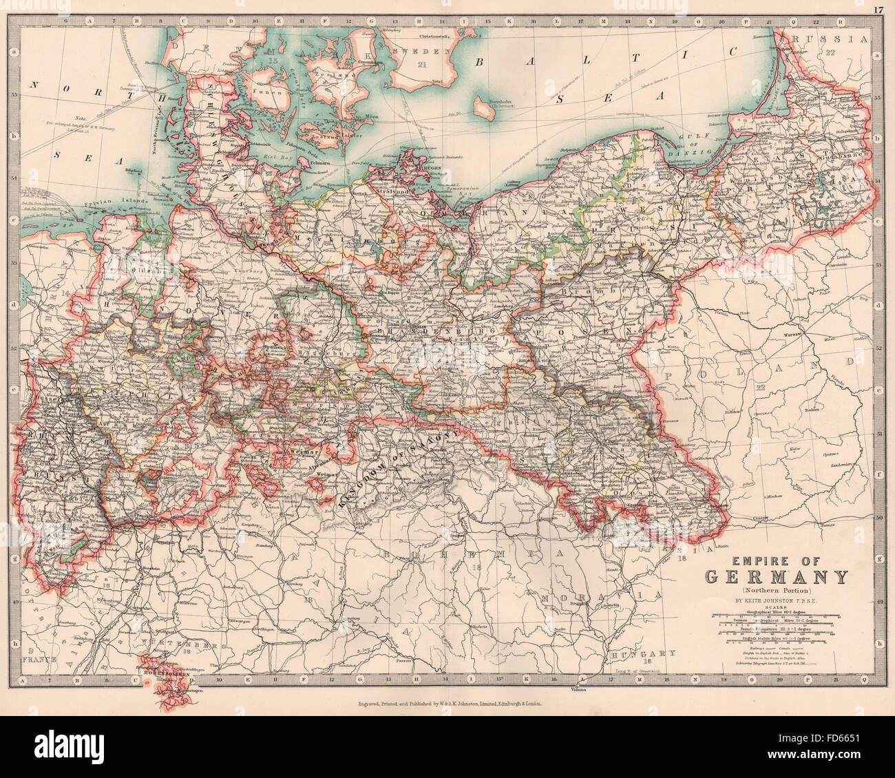 Imperio alemán Norte: Prusia &c. Los ferrocarriles Canales. JOHNSTON, 1906 mapa antiguo Foto de stock