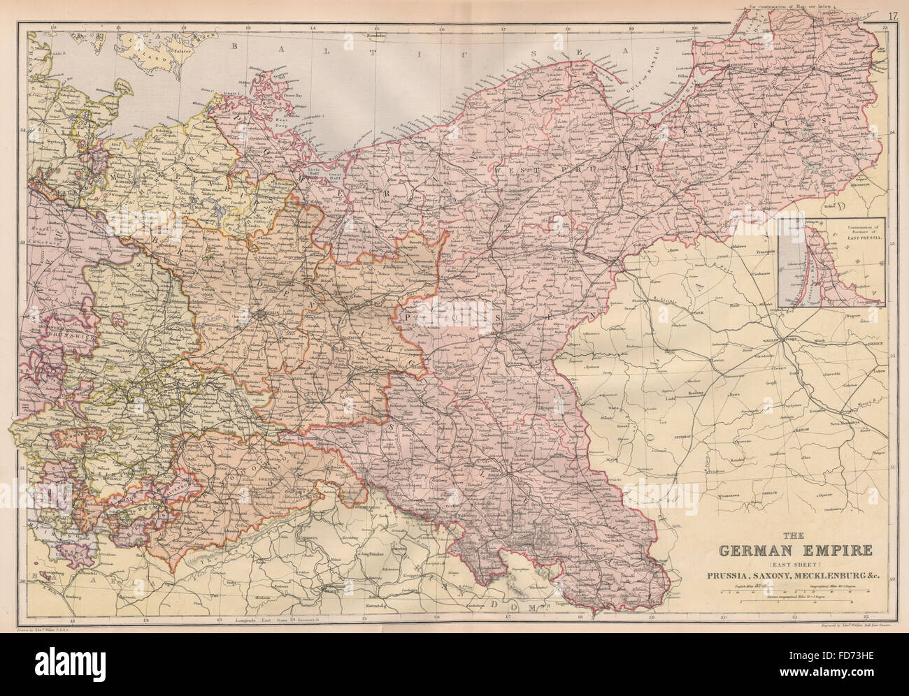 Imperio alemán medio: Prusia Sajonia Mecklenburg.Polonia.ferrocarriles. BLACKIE 1882 mapa Foto de stock