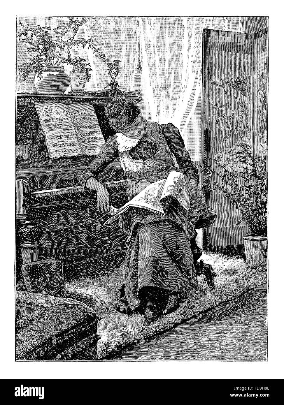 Ilustración Vintage - grabado de la época victoriana mujer sentada junto a un piano leer una revista o periódico. Foto de stock