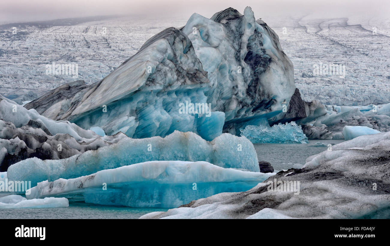 Flotan icebergs azules en la laguna glaciar Jökulsárlón, detrás del glaciar de Vatnajökull, Región Sur, Islandia Foto de stock