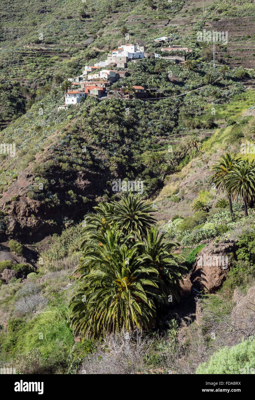 Aldea en ladera de montaña. Masca, Tenerife. Foto de stock