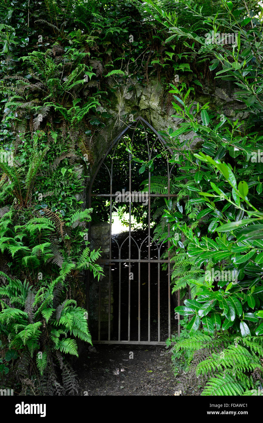Puerta de hierro forjado cubiertos parcialmente ocultas follaje verde jardín sombreado sombreados apartada de la jardinería Floral RM Foto de stock