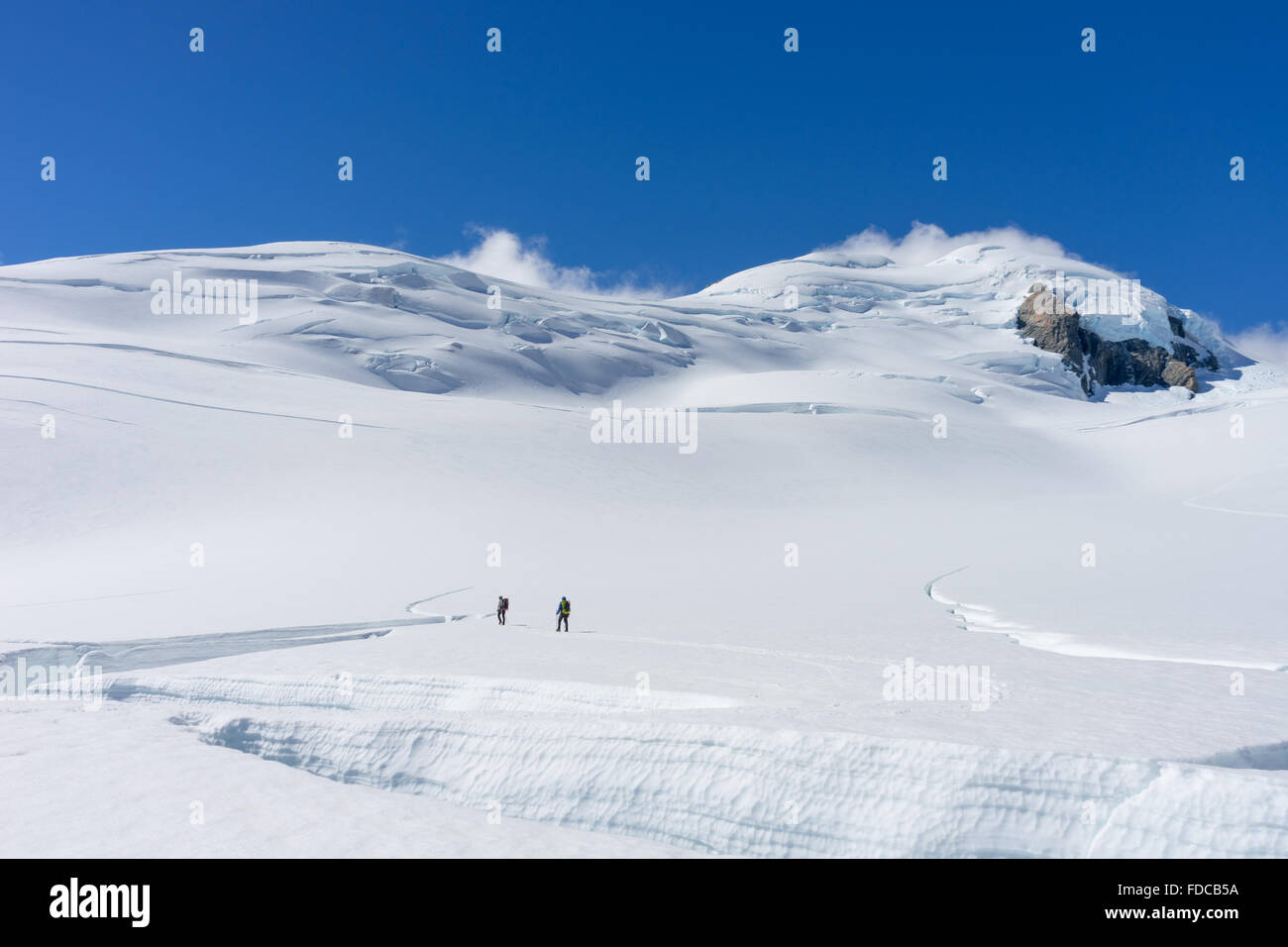 Grupo de gente caminando entre las nieves de las montañas de Nueva Zelanda Foto de stock