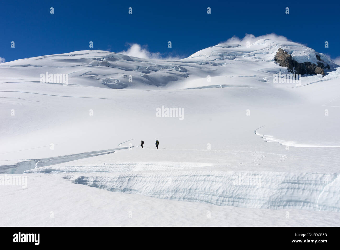 Grupo de gente caminando entre las nieves de Nueva Zelandia Alpes Foto de stock