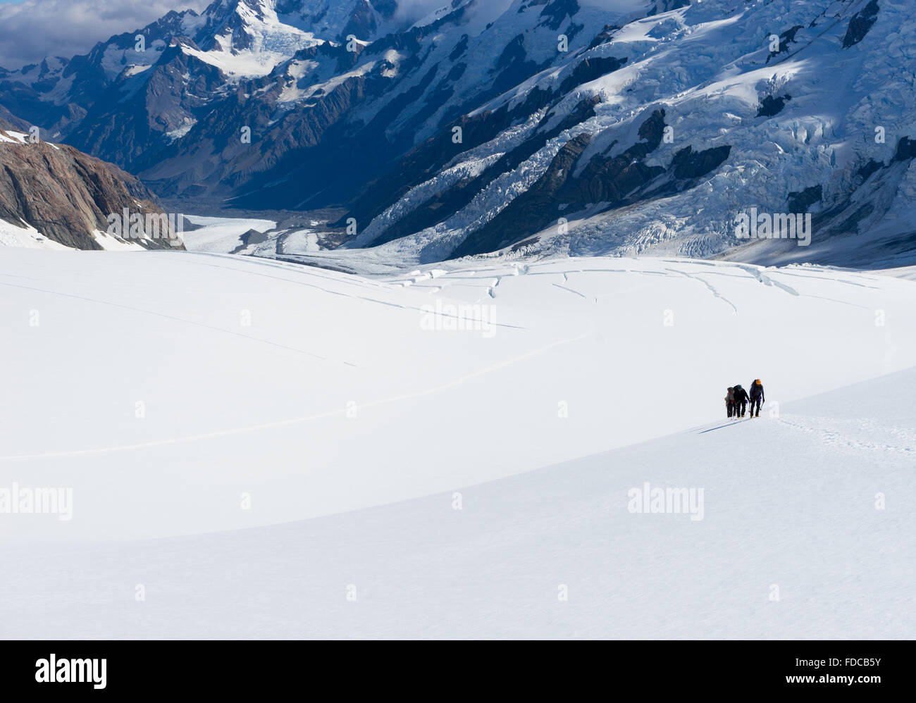 Grupo de gente caminando entre las nieves de Nueva Zelandia Alpes Foto de stock