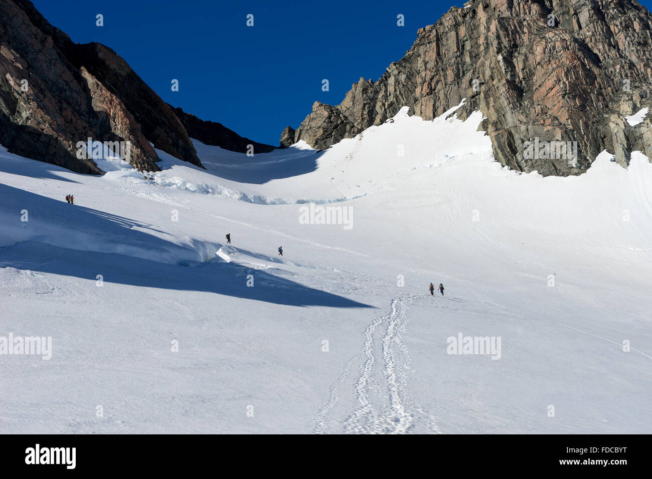 Grupo de gente caminando entre las nieves de las montañas de Nueva Zelanda Foto de stock