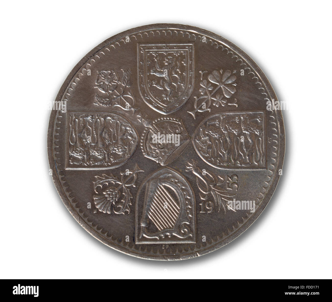 1953 cinco chelines moneda o corona en el centro de una cruz compuesta de los escudos de Inglaterra, Escocia, Gales e Irlanda Foto de stock